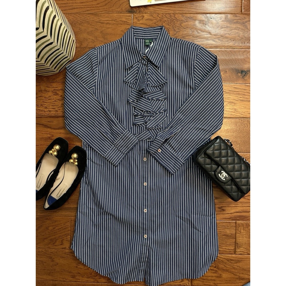 Lauren Ralph Lauren Womens M Blue White Striped Ruffle Front Shirt Dress Tunic